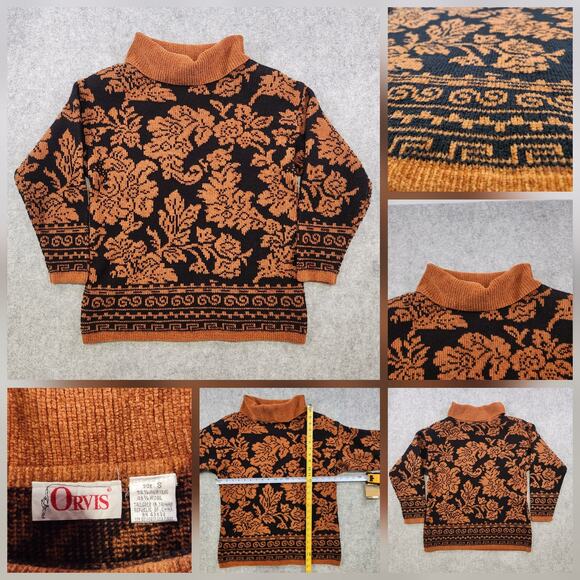 VTG Orvis Sweater Women Small Black Orange Turtleneck Wool Blend Floral Jacquard - Picture 1 of 11
